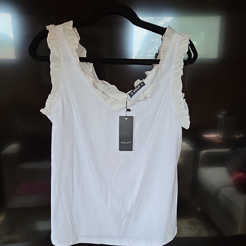 Shirley White Ruffle Trim Tank Top